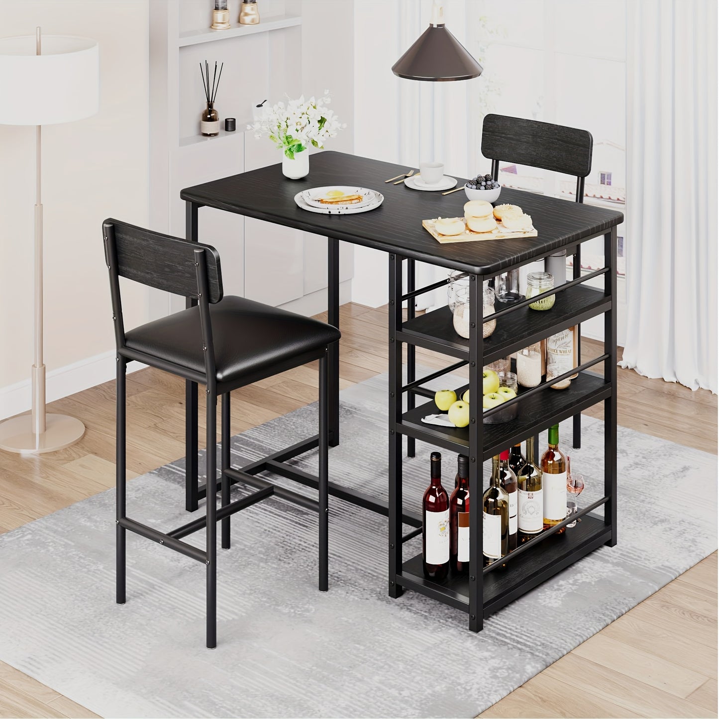 Bar Table Set with 2 Stools - Heavy-Duty Metal MDF Construction, Space-Saving Kitchen Dining Table with 3 Shelves, Sturdy Legs & Non-Slip Floor - Compact for Small, Apartment, Home, Restaurant - Easy Assembly, Modern Farmhous