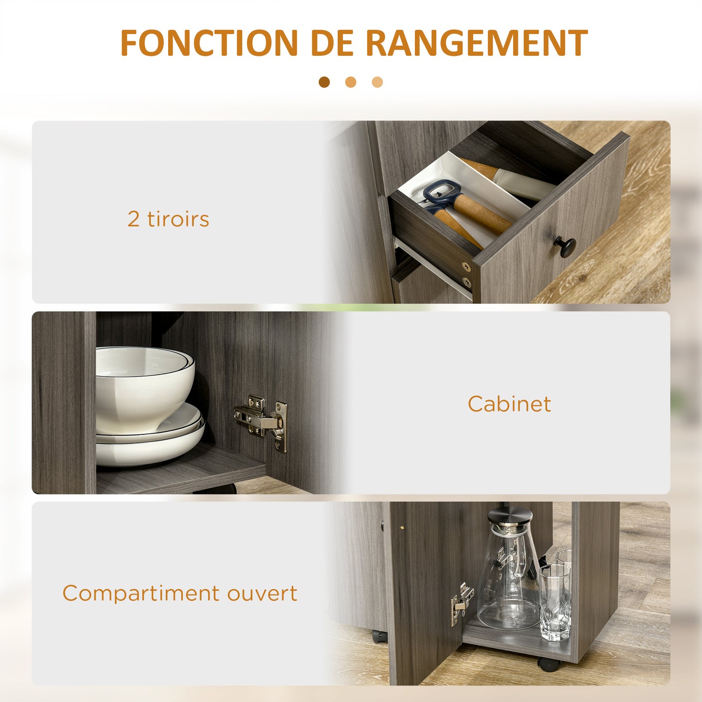 Opvouwbare Keukentafel – Uitschuifbare Eettafel – Inklapbare Tafel – Trolley Tafel – Werktafel – Met 2 Opvouwbare Bladen – Voorzien Van 2 Laden En 1 Kast – Donkergrijs – Compact En Ruimtebesparend – Afmetingen 120x60x76,5 cm