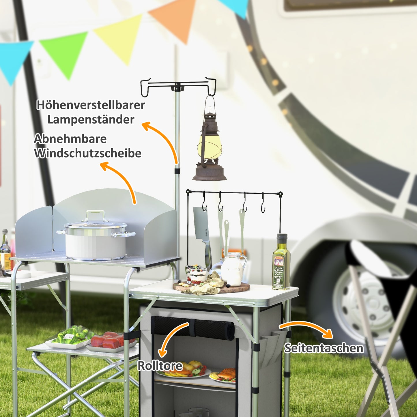 Campingkast – Campingkeuken – Kampeermeubel – Opvouwbare Kast – Outdoor Keuken – 3 Werkbladen – Windscherm – Stoffen Kast – 144x48x119 cm – Metaal Frame