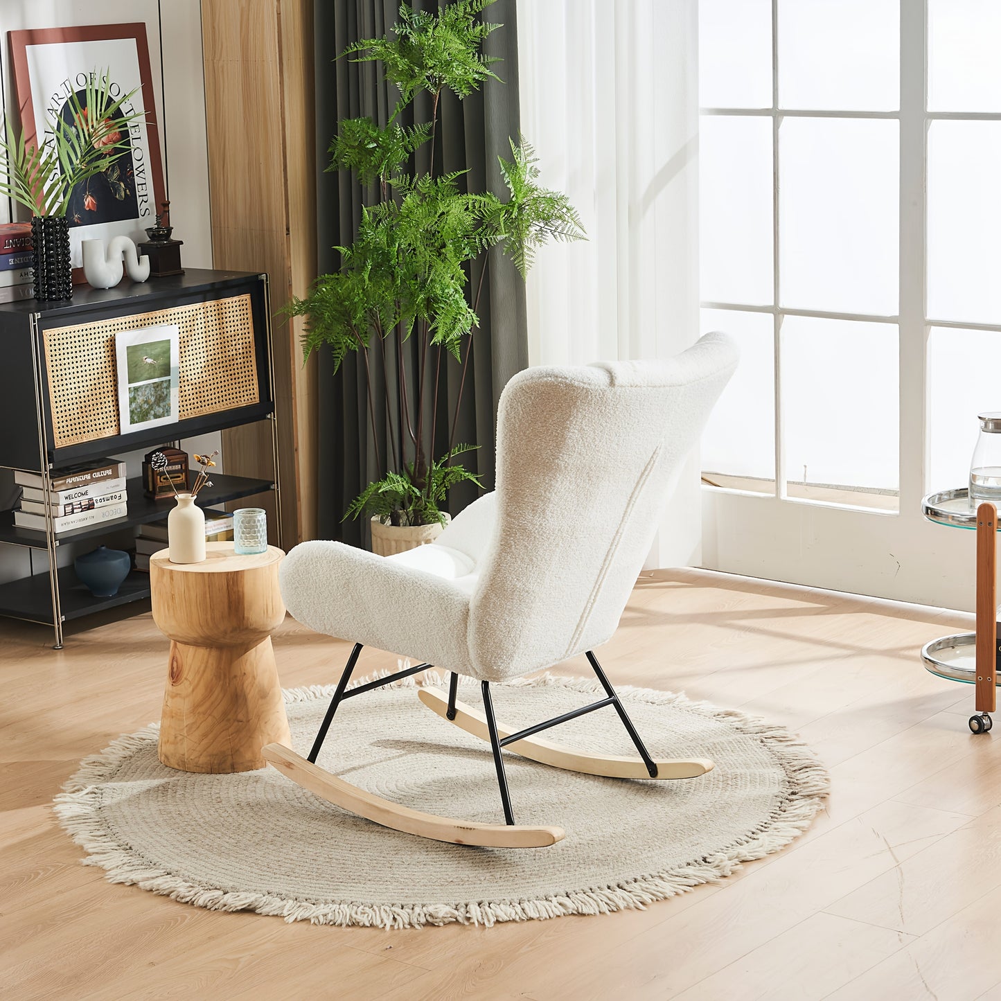 Schommelstoel – Schommelzetel – Relaxstoel – Lounge Stoel – Witte Teddy Velvet – Ergonomische Rugleuning – Stevige Kunsthouten Basis