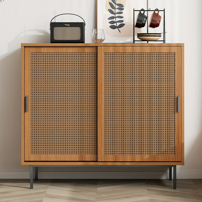 Rustic Modern Sideboard with 2 Sliding Doors, Adjustable Shelves & Drawer Storage - Freestanding Floor Cabinet for Living Room & Dining Room, 100x90x37cm