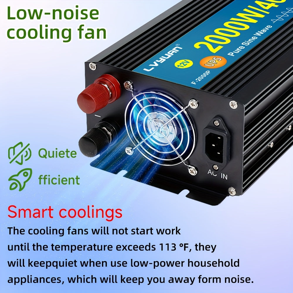 12V Naar 240V Omvormer – Spanningsomzetter – Stroomconverter – Power Inverter – Zuivere Sinusgolf – 2000W Continu Vermogen – LCD Display