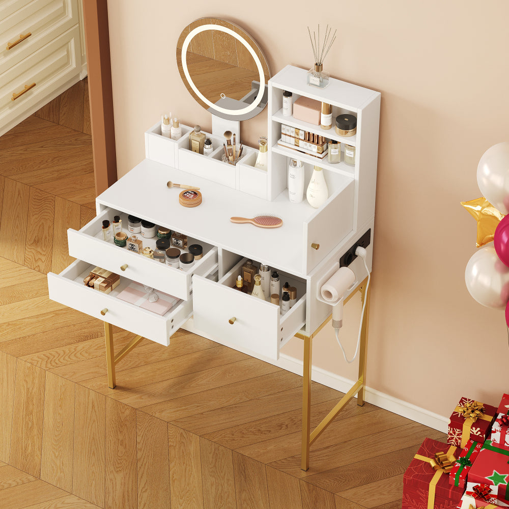 Grote Kaptafel – Make-uptafel – Dressing Table – Toilettafel – Schminktisch – Met 3 Lades en 1 Deur – Inclusief Spiegel en Open Opbergruimte – Wit 80x134x40 cm