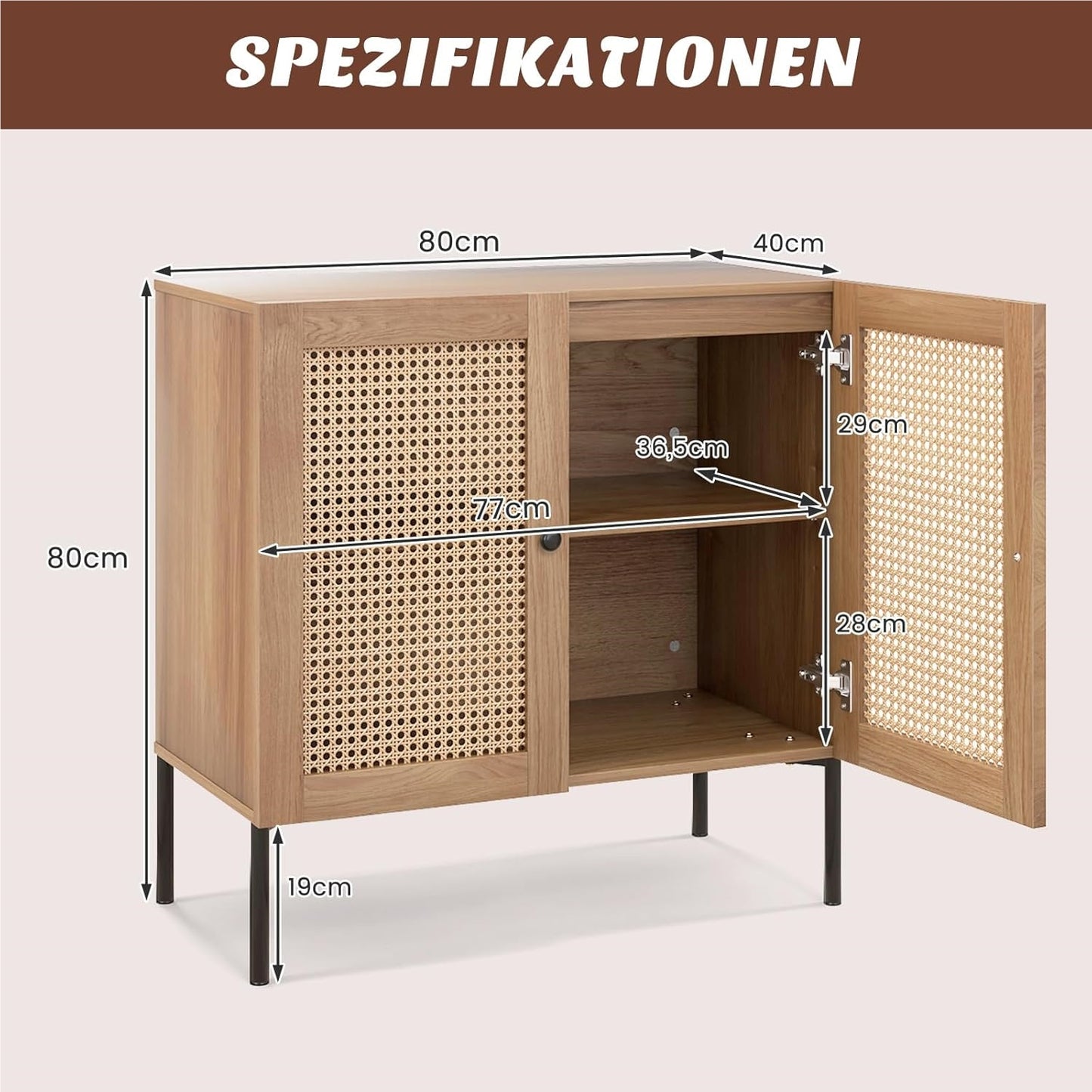 Dressoir – Sideboard – Kast – Buffetkast – Opbergmeubel – Met 2 Rieten Deuren – Industrieel Design – 80x40x80 cm – Verstelbare Planken – Houten Werkblad Eikenhout