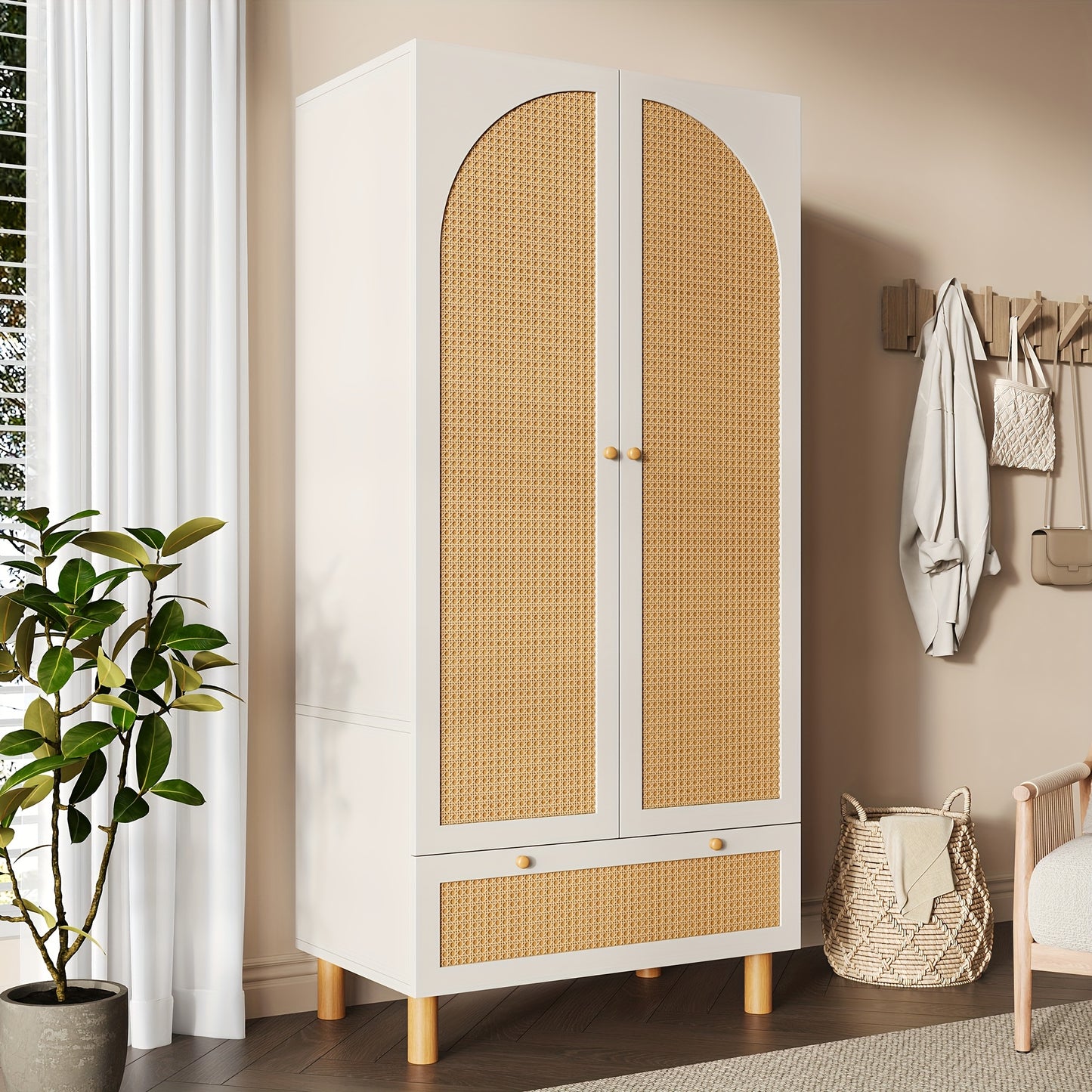 Kastenunit – Opbergkast – Kabinet – Dressoir – Ladekast – Tegen Kantelen – Verstelbare Planken – Rieten Deuren – Vrijstaand – Wit Houtkleur
