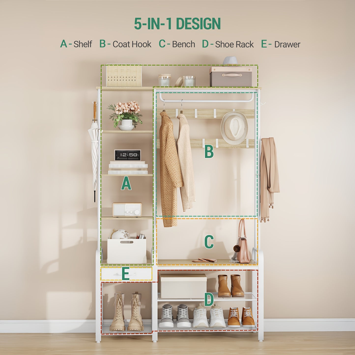 Shoe Rack with Stool, Coat Rack with Three-tier Shoe Bench And 1 Drawer, 5-in-1 Clothes Rack with 17 Hooks, 1 Hanging Rail, 4 Side Shelves, White - QUORE