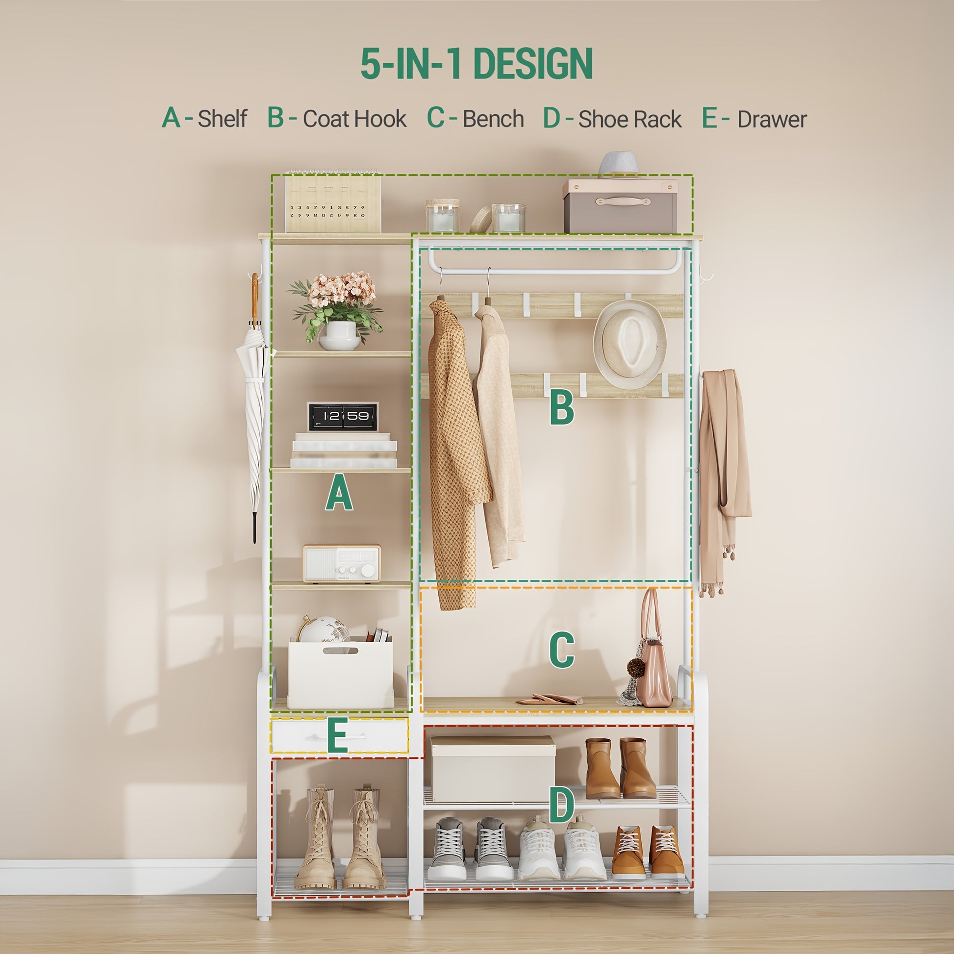 Shoe Rack with Stool, Coat Rack with Three-tier Shoe Bench And 1 Drawer, 5-in-1 Clothes Rack with 17 Hooks, 1 Hanging Rail, 4 Side Shelves, White - QUORE