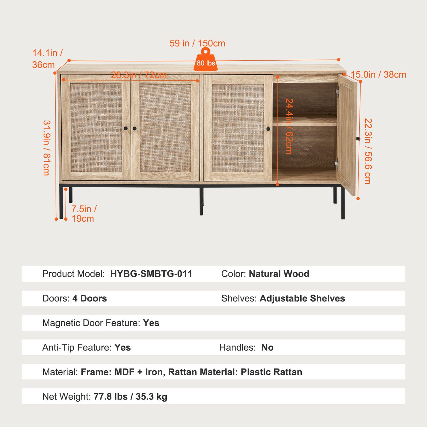 Rattan Opbergkast – Opbergmeubel – Kast – Sideboard – Buffetkast – 150 cm Breed – Handgevlochten Rattan – Verstelbare Planken