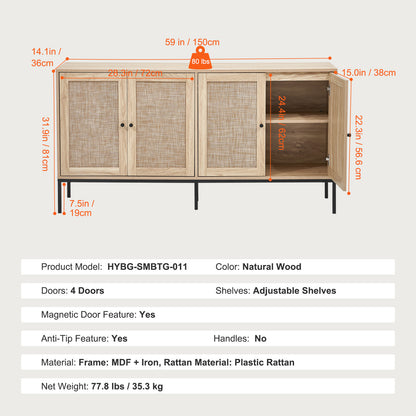 Rattan Opbergkast – Opbergmeubel – Kast – Sideboard – Buffetkast – 150 cm Breed – Handgevlochten Rattan – Verstelbare Planken