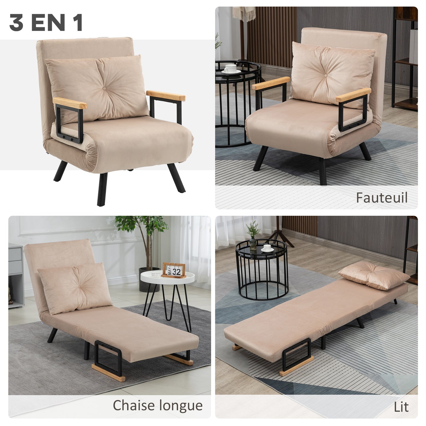 Slaapstoel – Slaapbank – Fauteuil – Vouwbed – Zetelbed – 3-in-1 Functioneel Design – Verstelbare Rugleuning & Eikenhouten Armleuningen – Beige Fluweel