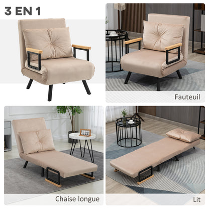 Slaapstoel – Slaapbank – Fauteuil – Vouwbed – Zetelbed – 3-in-1 Functioneel Design – Verstelbare Rugleuning & Eikenhouten Armleuningen – Beige Fluweel