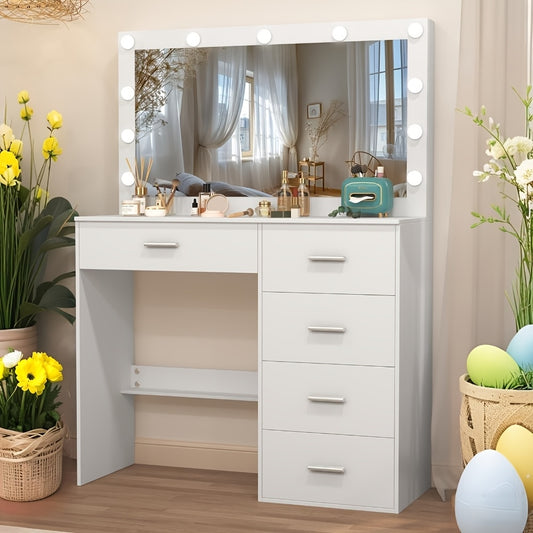Kaptafel – Make-up Tafel – Cosmeticatafel – Opmaaktafel – Dressing Table – Wit – LED-Verlichting – 5 Lades