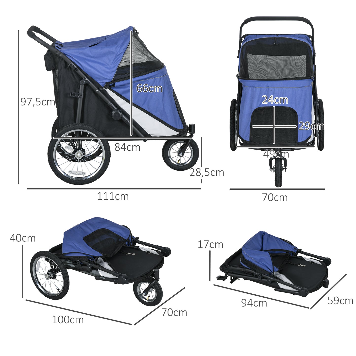 Opvouwbare Hondenwagen – Hondenbuggy – Hondentrolley – Hondenkar – Hondenbuggy – Comfortabel Ligkussen – Stevig Stalen Frame – Blauw/Zwart