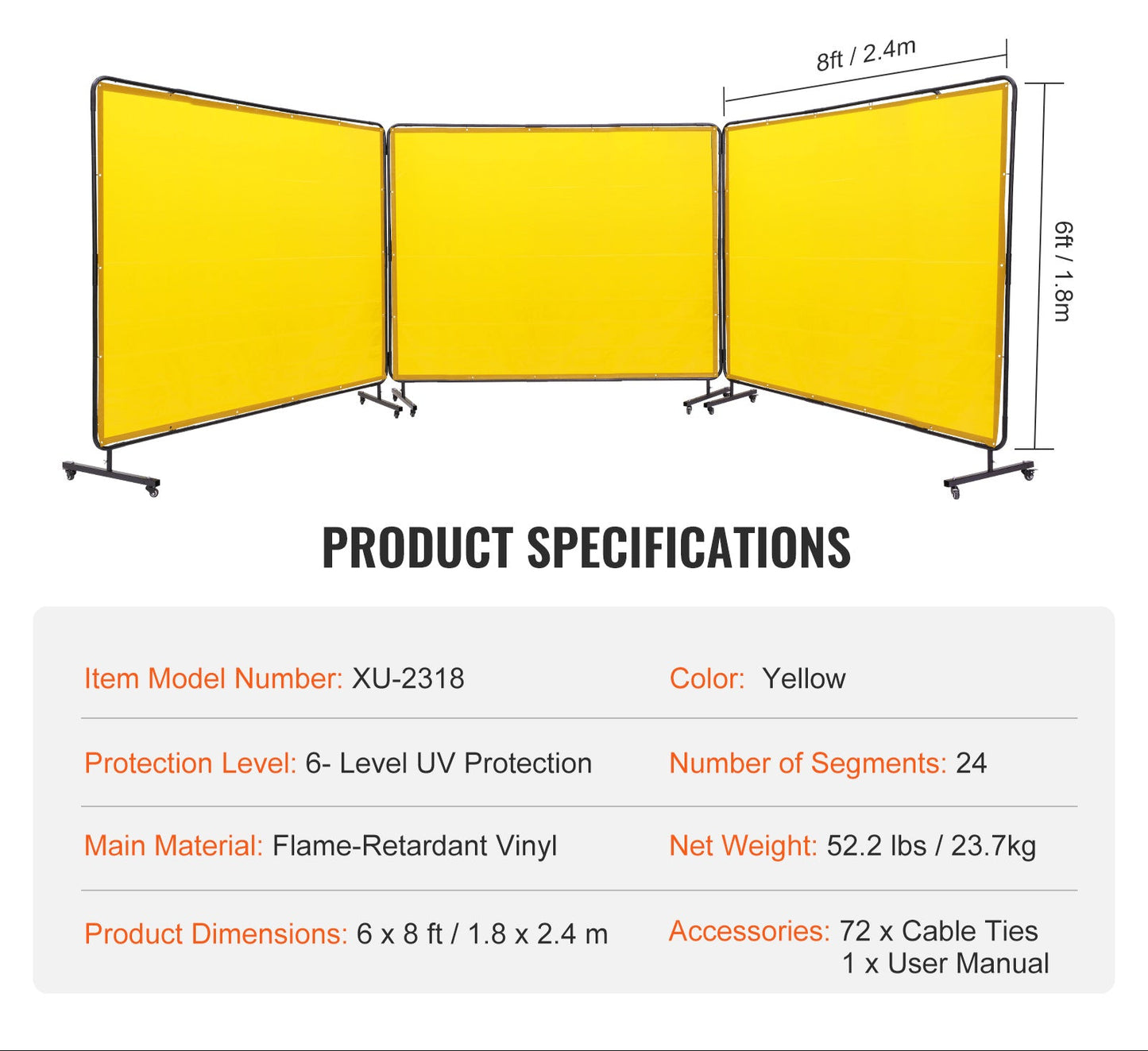 Lasscherm – Lasscherm Scherm – Lasdoek – Lasgordijn – Lasafscherming – 3 Panelen 183x244 cm – Vlamvertragend Vinyl – 12 Draaibare Wielen Met Rem