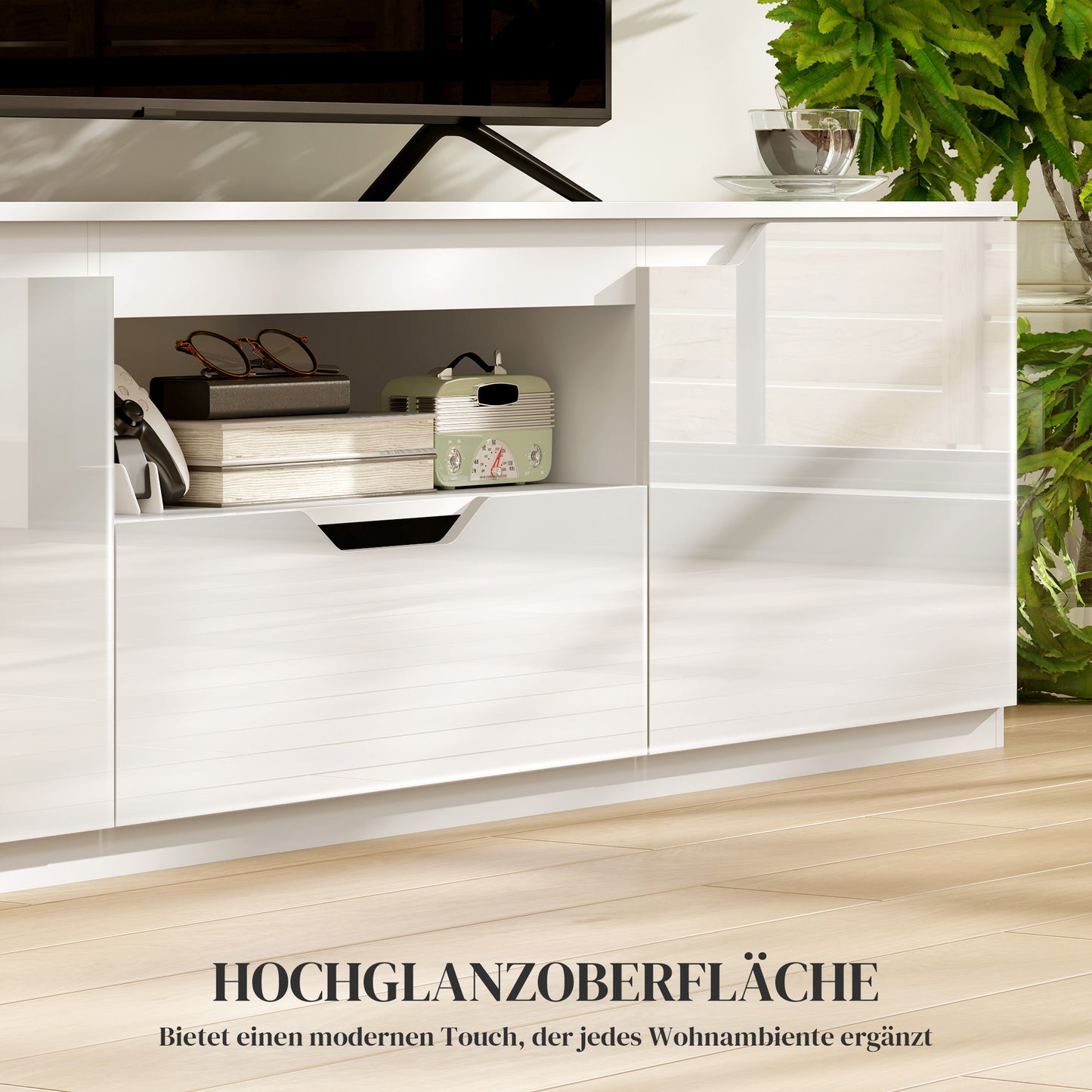 Tv Meubel – Tv Kast – Tv Lowboard – Tv Dressoir – Hoogglans Wit – Geschikt Voor Tv Tot 65 Inch – 3 Compartimenten Met Lade – 160x38x43 cm