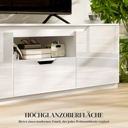 Tv Meubel – Tv Kast – Tv Lowboard – Tv Dressoir – Hoogglans Wit – Geschikt Voor Tv Tot 65 Inch – 3 Compartimenten Met Lade – 160x38x43 cm
