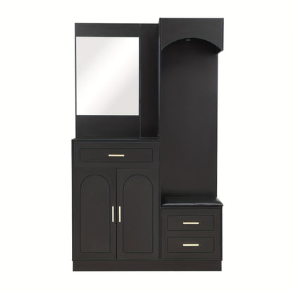 Modern Compact Wardrobe & Shoe Cabinet with Mirror - Freestanding Storage Cabinet with Adjustable Shelves, Doors & Drawers, Space-Saving Multifunctional Furniture for Small Spaces, Classic Contemporary Design, No Electrical R