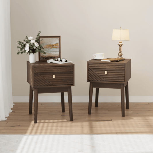 nachtkastje – nachtkast – ladekastje – bijzettafel – wandkast – mid-century modern design – set van 2 – walnootkleur – metalen handgrepen – 40x40x55 cm – veel opbergruimte