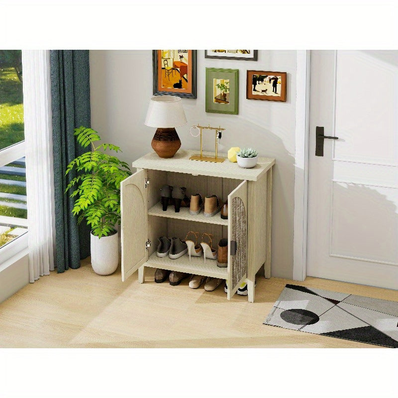 Modern Natural Rattan Storage Cabinet with Two Doors - Curved Sideboard or China Cabinet, Sturdy Metal Frame, Open Shelf & Closed Storage Compartments, Space-Saving Entryway, Living Room, Dining Room, Kitchen Organizer - No A