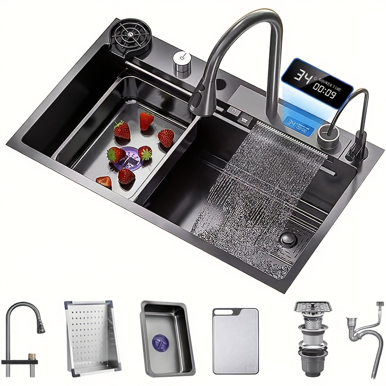 Keukenspoelbak – Spoelbak – Gootsteen – Wasbak – Spoelbakken – RVS – Onderbouw – Waterval Kraan – 76,2x45,97x20,5 cm – Gun Gray