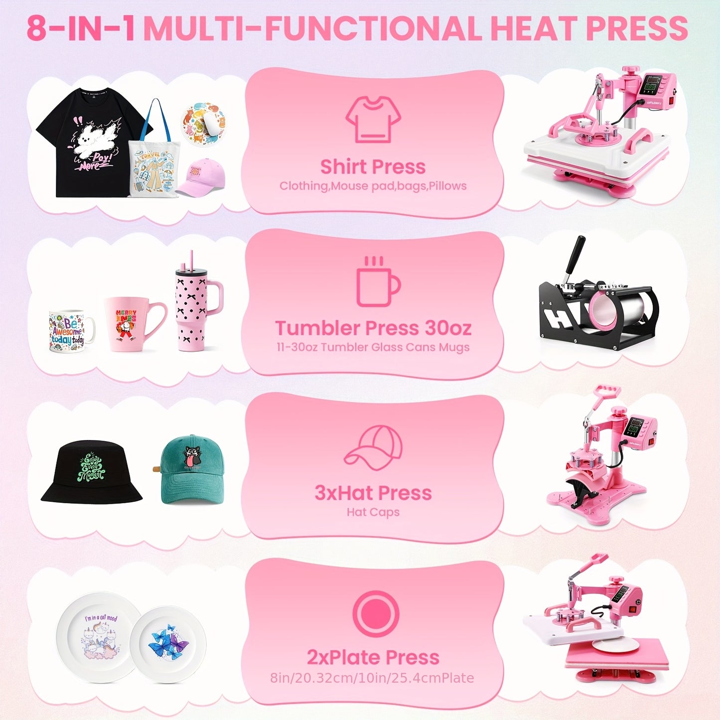 Transferpers – Hittepers – Heat Press – Warmte Pers – Drukpers – 8-in-1 Multifunctioneel – 38,1x38,1 cm Werkoppervlak – 360° Zwenkbare Arm