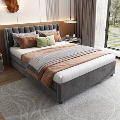 Upholstery bed 140 x 200cm with a slatted frame backrest 2 drawers gray