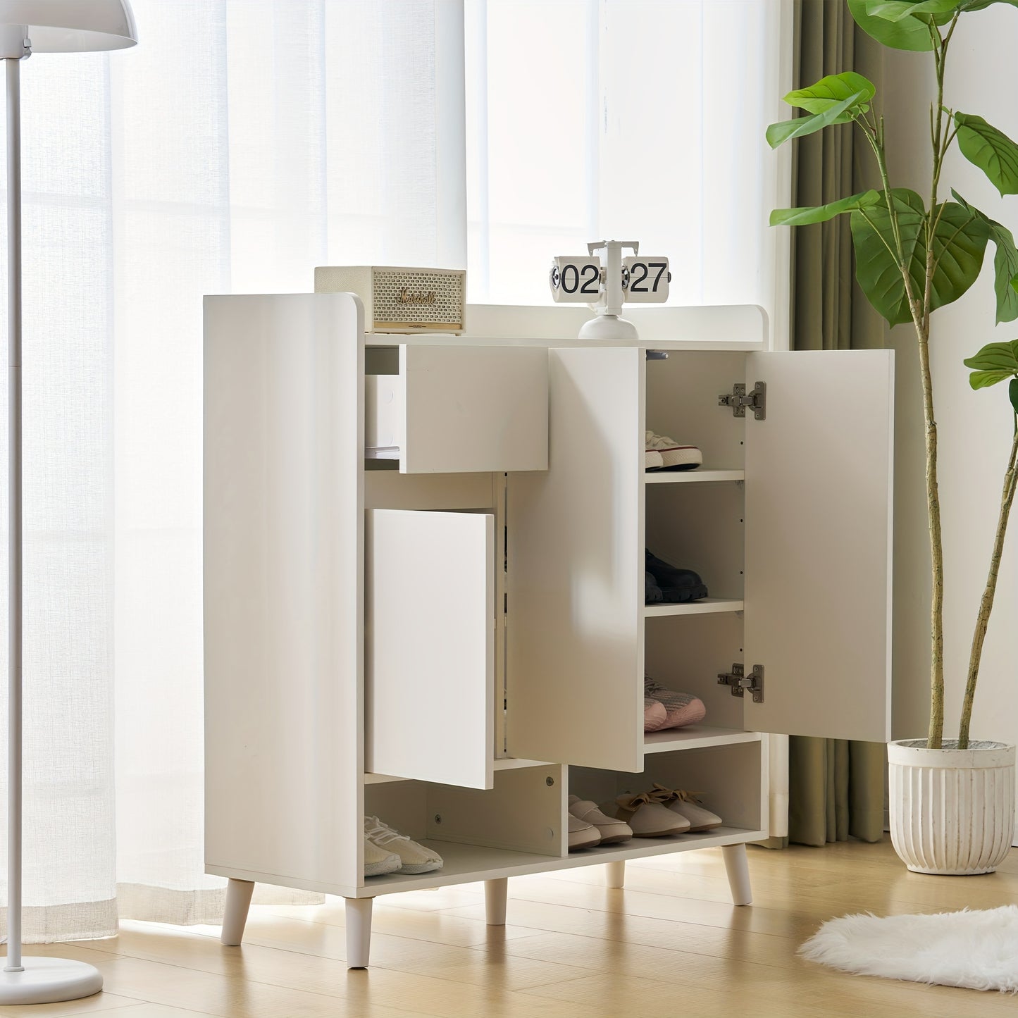 Dressoir – Ladekast – Opbergkast – Schoenenkast – Kast – Wit – Verstelbare Planken – Houten Poten – 90x99x35 cm