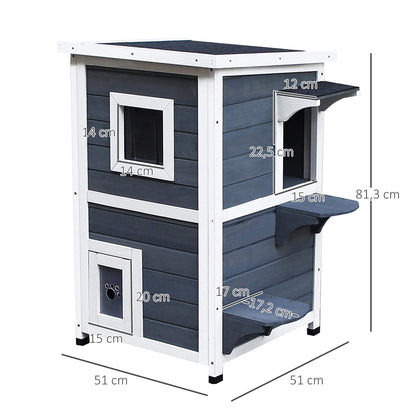 Houten Kattenhuis – Kattenhuisje – Kattenverblijf – Kattenhok – Kattencondo – 2-Delig Met Inklapbaar Dak – Weerbestendig Voor Binnen En Buiten – Grijs Wit – 51x51x81,3 cm