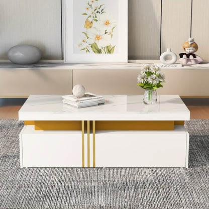 Modern Rectangular Coffee Table, High-gloss Tabletop with 2 Wooden Drawers, Marble Top, for Living Room, 100*50*40cm