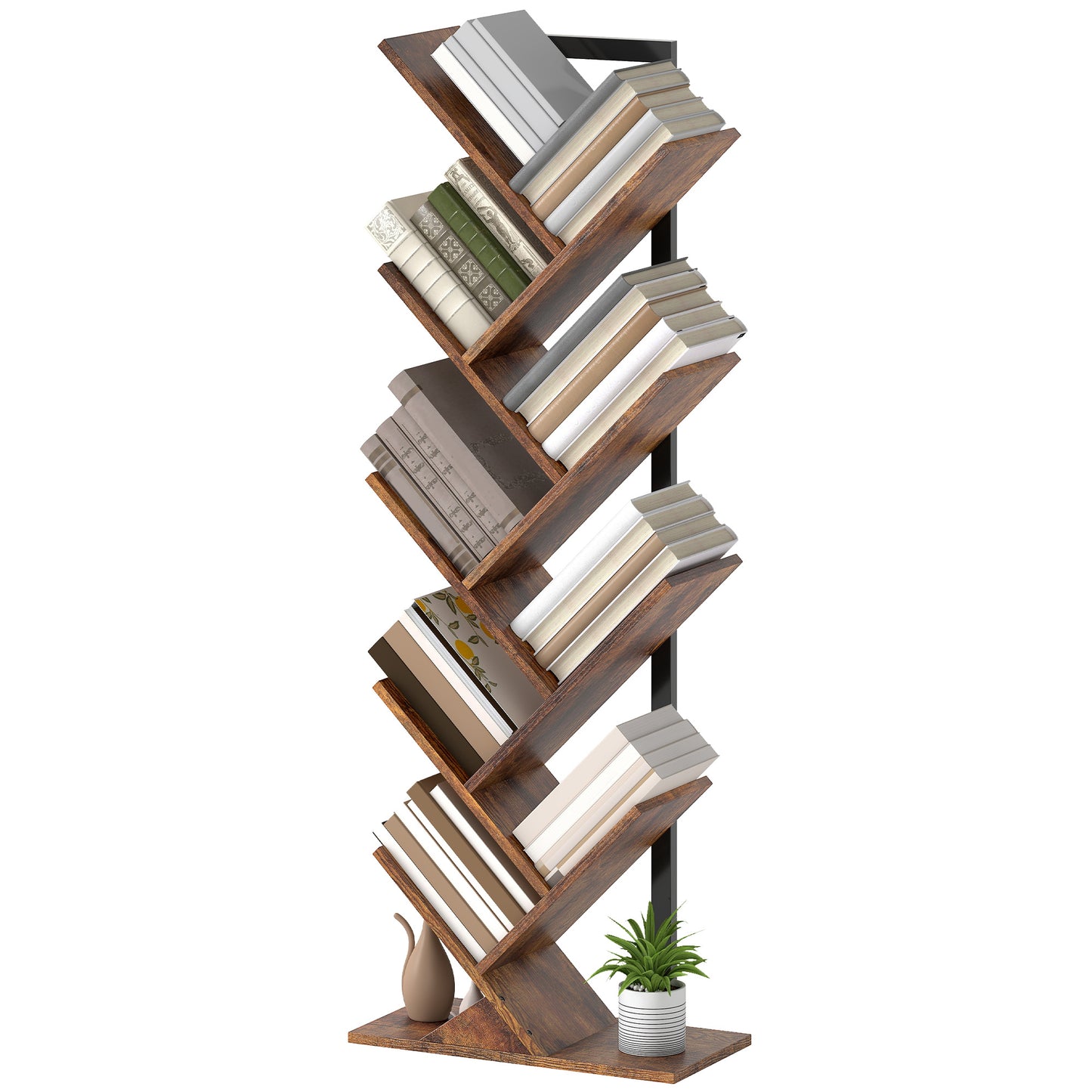Boekenplank Vloerstaand – Boekrek – Opberger – Boekenhouder – Vakkenkast – Rustiek Bruin – Boomvorm Met 9 Niveaus – Ruimtebesparend Smal Design