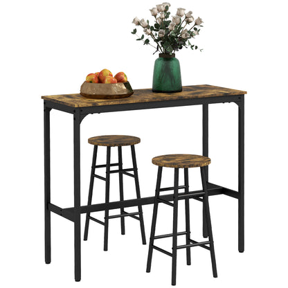 Bistro Bartafel – Sta Tafel – Hoge Tafel – Barset – Bistro Set – Industrieel Design – Houten Blad Met Zwarte Stalen Poten – Inclusief 2 Krukken Met Voetsteunen – Compact En Ruimtebesparend