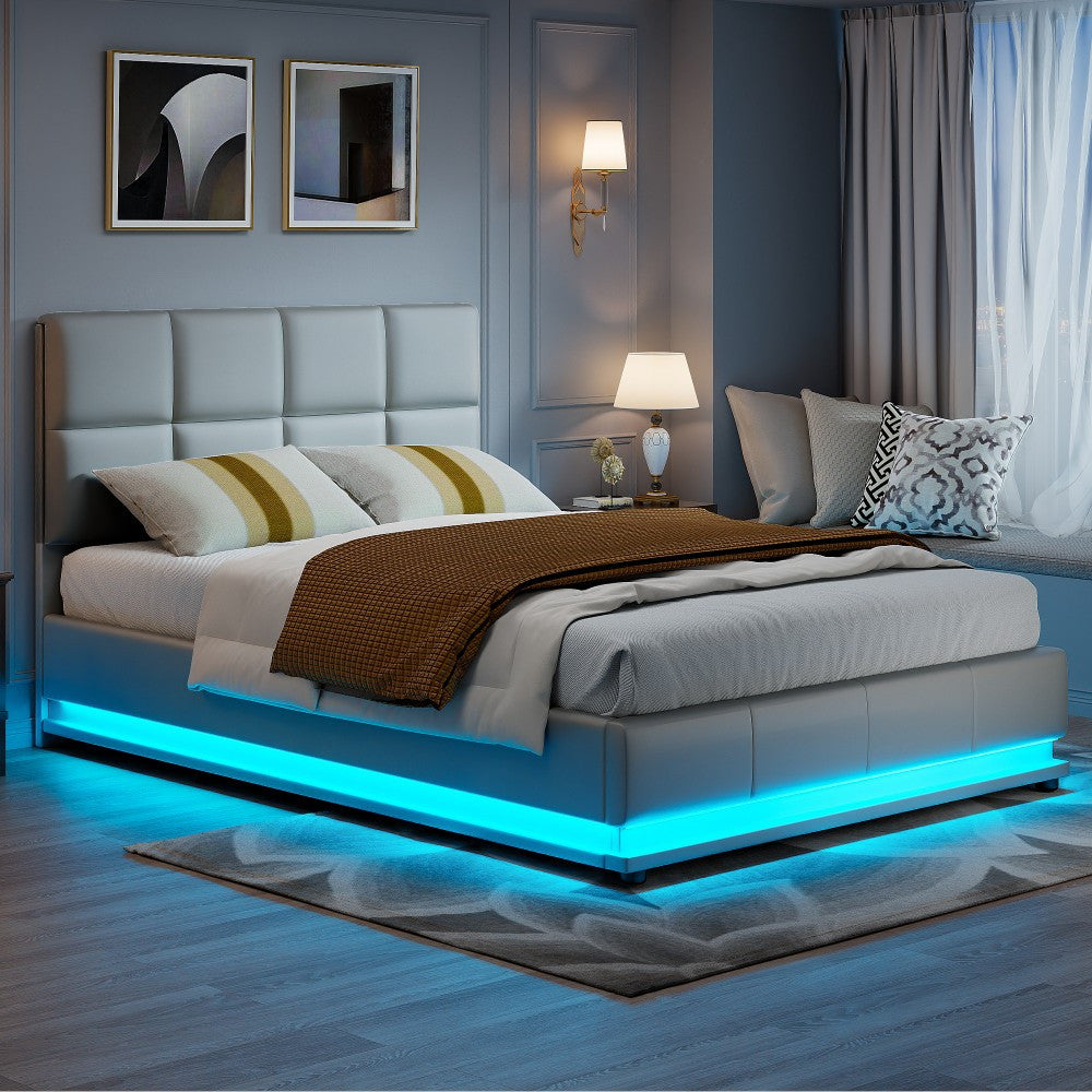 Gestoffeerd Tweepersoonsbed – Opbergbed – Boxspringbed – Led Bed – Slaapbank – Grijs – Met Hydraulische Lift – 16-kleuren LED-verlichting