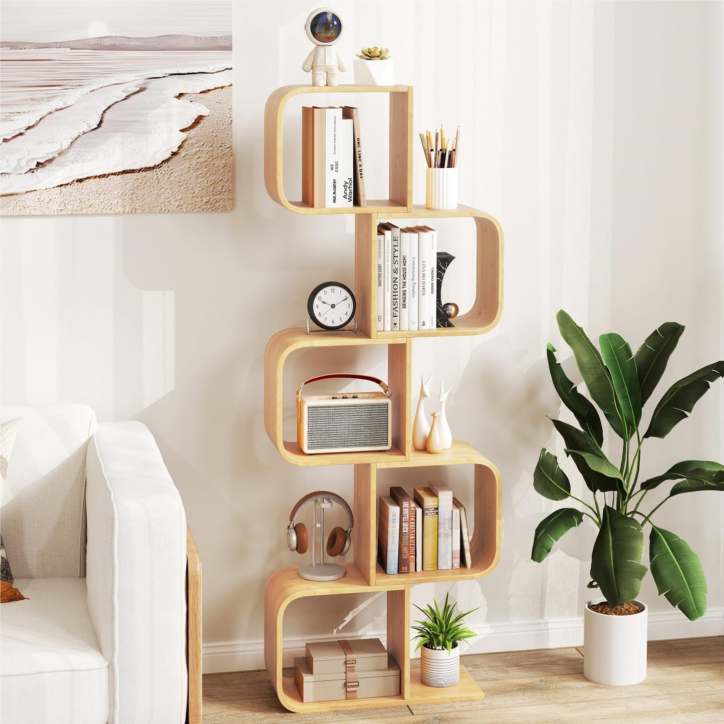 S-vormige Boekenkast – Bamboe Plank – Cube Rek – Geometrische Opbergkast – Decoratieve Wandplank – Duurzaam Natuurlijk Materiaal – Compact Ruimtebesparend Design