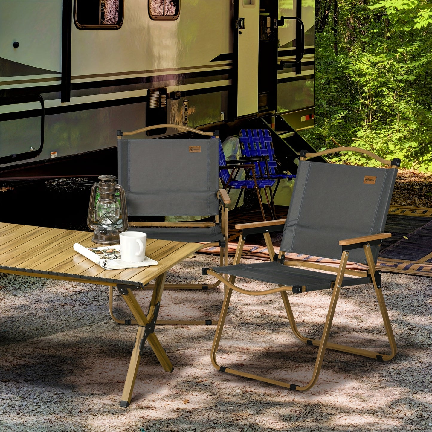 Lounge Stoel – Inklapbare Stoel – Tuinstoel – Strandstoel – Relaxstoel – Set Van 2 – Stevig Stalen Frame – Donkergrijs Met Houten Look