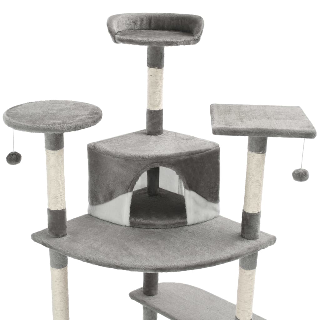 Krabpaal – Kattenkrabpaal – Kattenboom – Kattenhuis – Krabmeubel – Meerdere Niveaus – Pluche Bekleding - Grijs en Wit