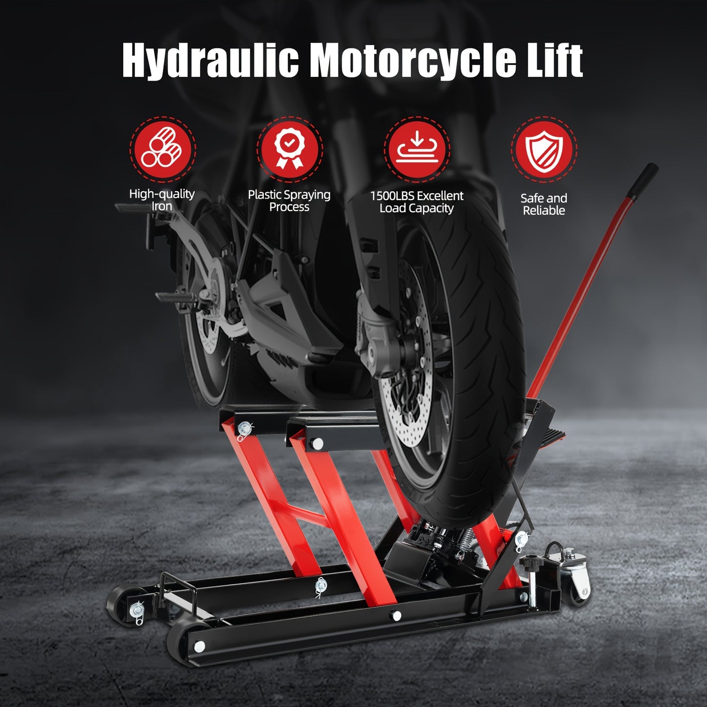Motorfietsbrug – Motorlift – Hydraulische Motorbrug – Motorkrik – Werkplaatsbrug – 680 kg Belastbaar – Robuust Koolstofstaal Frame – Rood – Verstelbare Hefhoogte – 4 Zwenkwielen