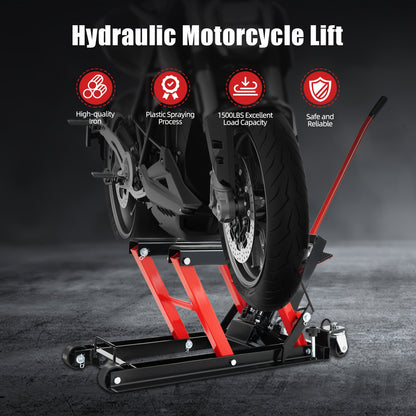 Motorfietsbrug – Motorlift – Hydraulische Motorbrug – Motorkrik – Werkplaatsbrug – 680 kg Belastbaar – Robuust Koolstofstaal Frame – Rood – Verstelbare Hefhoogte – 4 Zwenkwielen