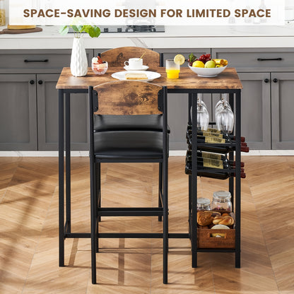 Compact Bar Table Set for 2 with Footrest & 2 Upholstered Chairs - Space-Saving Kitchen/Dining Table Set with Storage Shelf, Easy Assembly, Sturdy Hardwood-like Construction, Retro Brown for Small Spaces, Counter Bars, Apartm