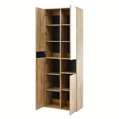 Moderne Hoge Kledingkast – Garderobekast – Opbergkast – Dressoirkast – Kastenmeubel – Met Spiegel – Vrijstaand – 4 Deuren + Open Plank – Natuurlijk Hout Met Zwarte Accenten – Ruime Opbergruimte – Vloermontage Zonder Elektriciteit