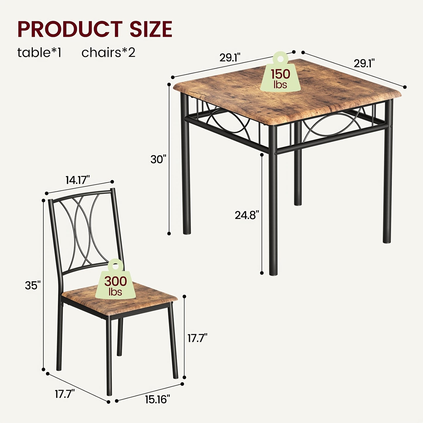 Eettafelset – Keukentafelset – Eethoek – Zitgroep – Tafel met Stoelen – Compact Design – MDF Hout en Stalen Frame – Bruin Met Zwarte Accenten