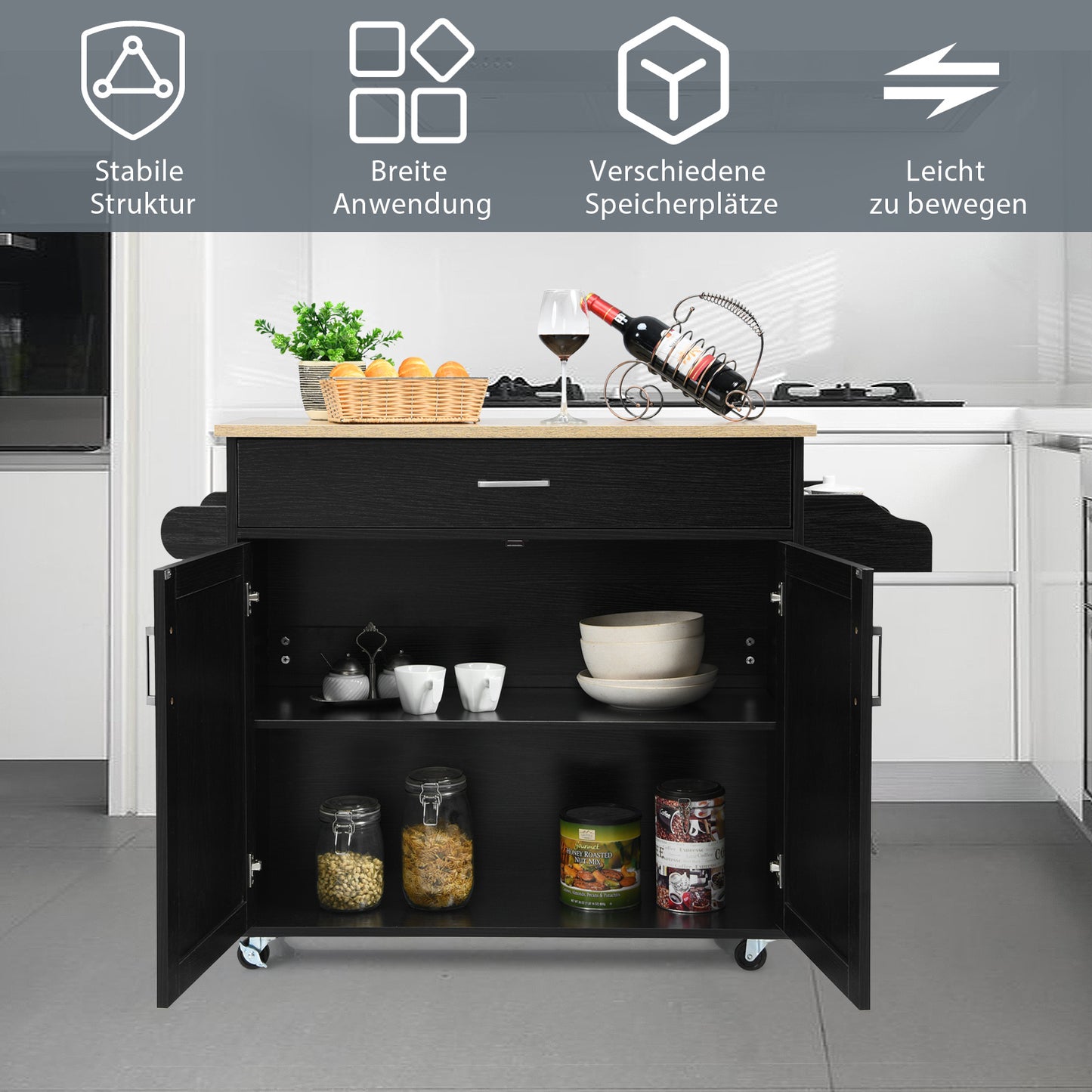Keukentrolley – Serveerwagen – Keukenkast – Opbergtrolley – Keukenkar – Zwart – Met Handdoekhouder en Kruidenrek – Verstelbare Plank en Lade
