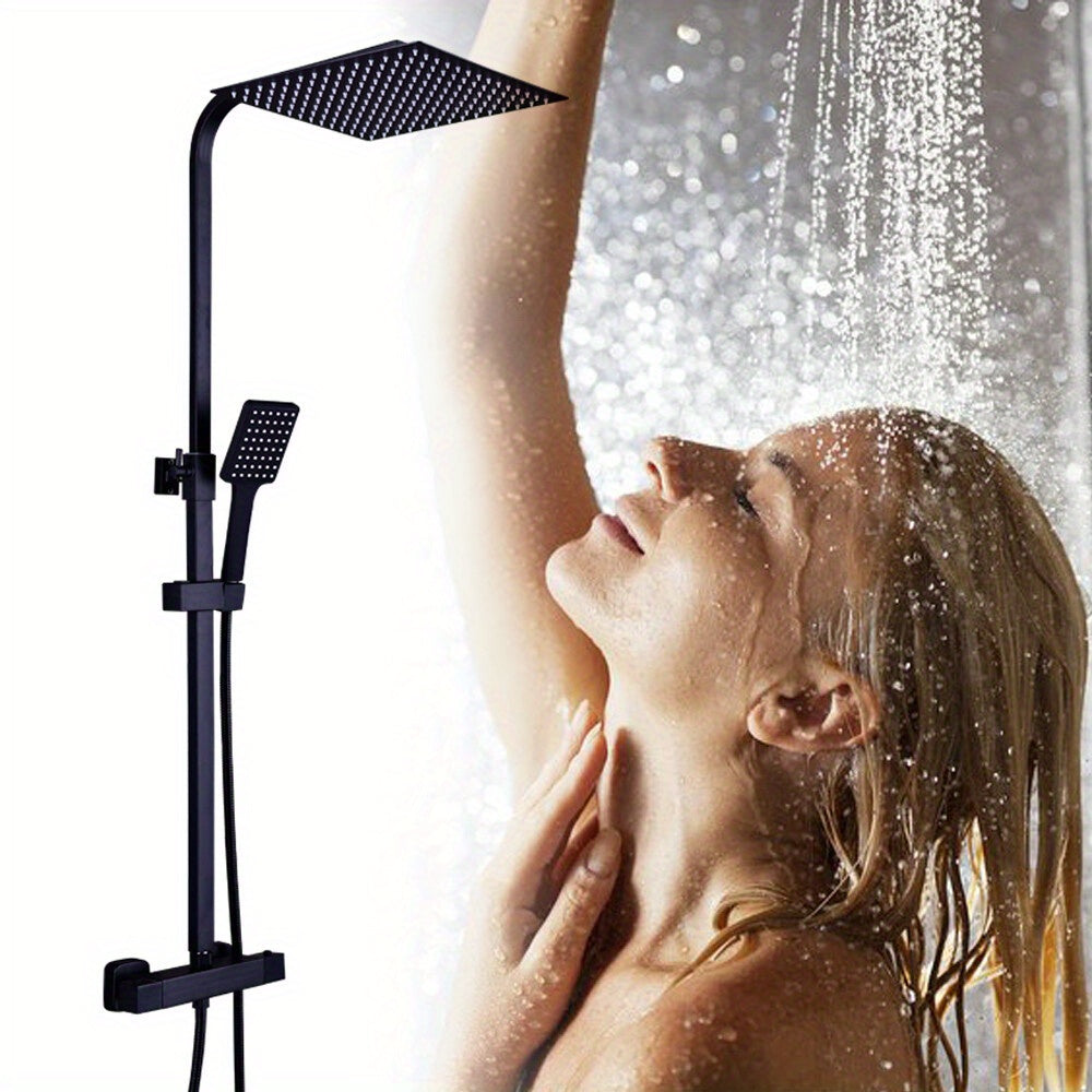 Doucheset – Regendouche – Douchekraan – Handdouche – Douchegarnituur – Thermostaatkraan Met Veiligheidsstop – Vierkante Regendouchekop 30,5 cm Zwart