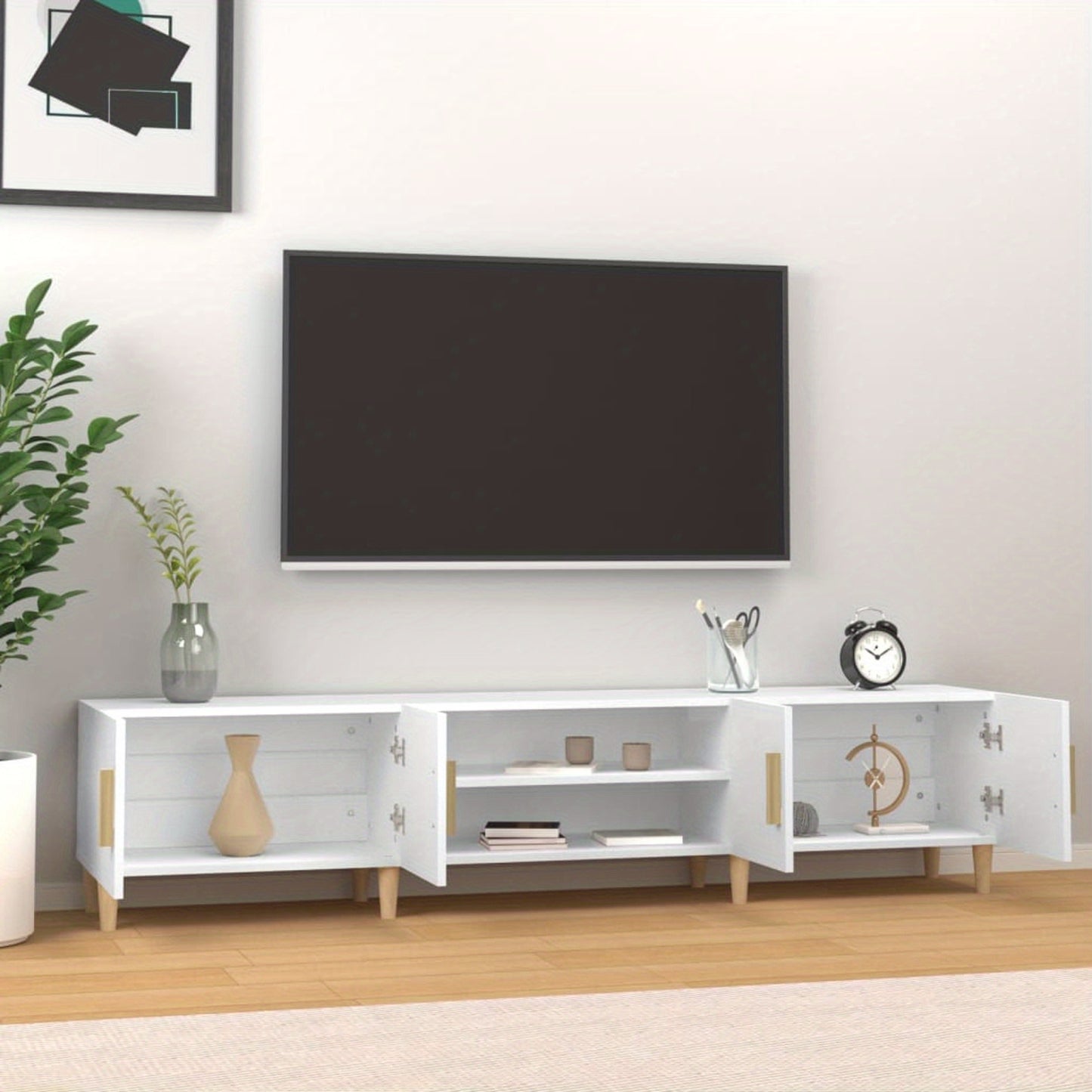 TV Meubel – TV Kast – TV Meubelkast – TV Dressoir – Tv Meubel Wit – Massief Eucalyptus Hout – 180x31,5x40 cm – Minimalistisch Design Met Deuren En Planken