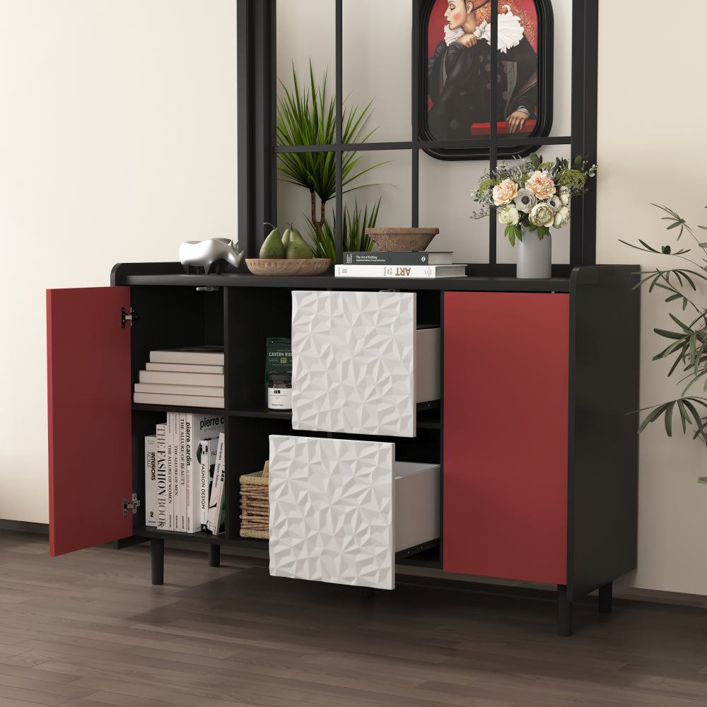 Modern Black & Red Metal Sideboard Cabinet with 2-Drawer Panel Design & Open Shelves - Coffee Bar Storage, Non-Wood Kitchen/ Furniture, Easy Assembly Required (Contemporary for Decor)