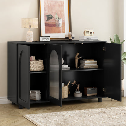 A Stylish And Black U-Shaped Storage Cabinet for The Entryway, Equipped with Compartments, Functioning As a Sideboard, And Showcasing Glass Doors Along with a Spring-Loaded Panel Design.
