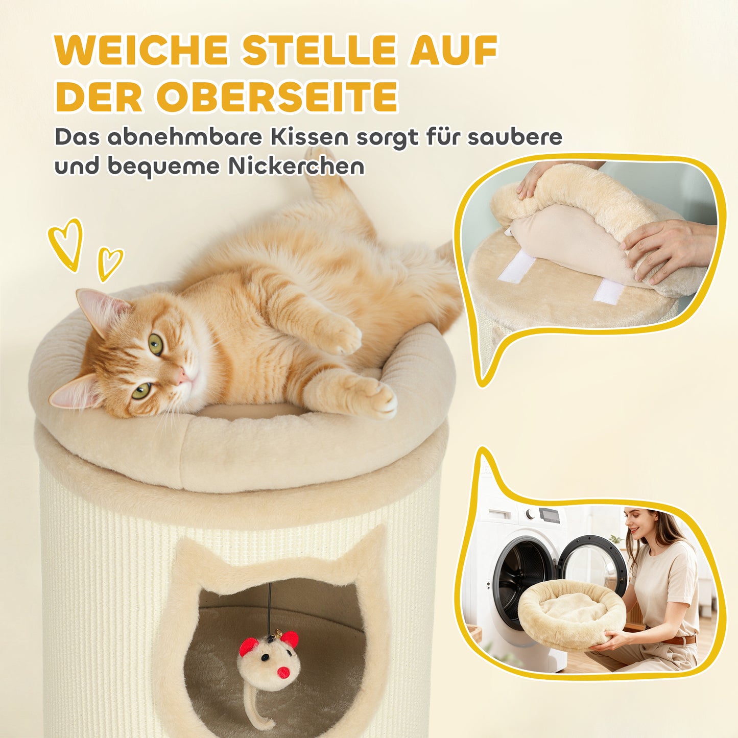 Krabpaal voor Katten – Krabboom – Kattenpaal – Kattenmeubel – Krabtoren – 4 Niveaus met Wasbaar Bed – 3 Slaapholletjes – Grijs – 96 cm – Voor Meerdere Katten