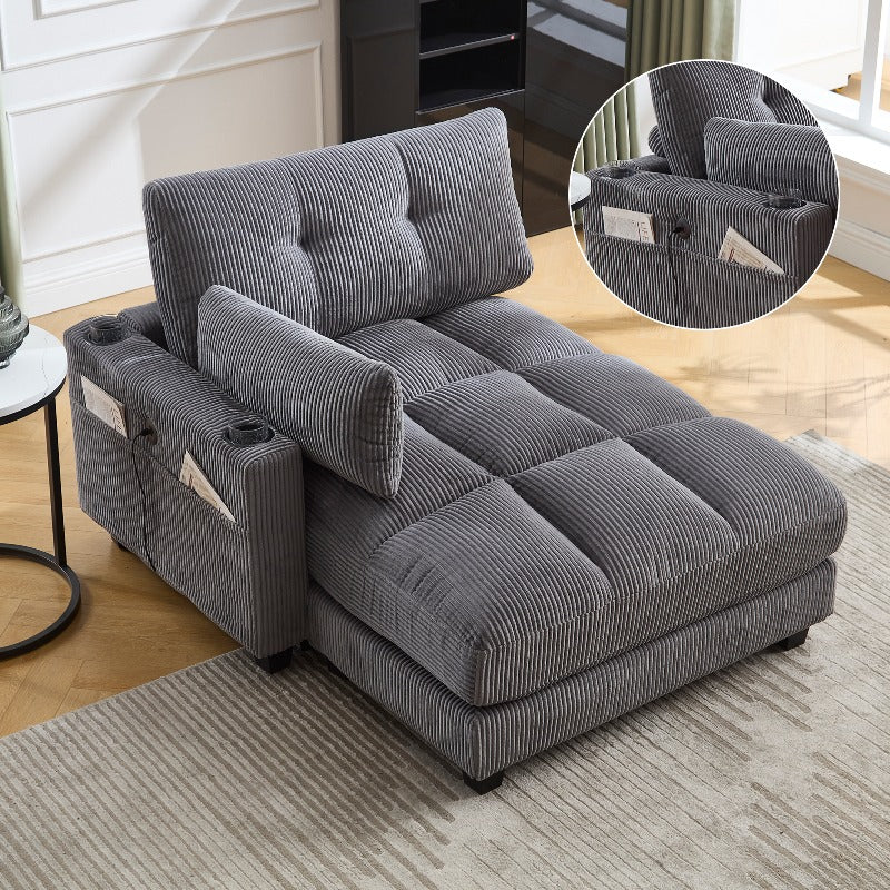 Palmen Stoel – Lounge Stoel – Relaxstoel – Recliner – Zetel – Met Fluffy Gestreepte Kussens – Met 3 Bekerhouders & Zijvak – Stevig Metalen Frame – Met Zachte Bekleding