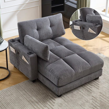 Palmen Stoel – Lounge Stoel – Relaxstoel – Recliner – Zetel – Met Fluffy Gestreepte Kussens – Met 3 Bekerhouders & Zijvak – Stevig Metalen Frame – Met Zachte Bekleding