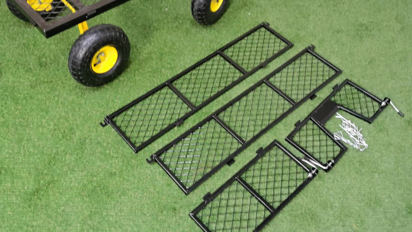 Tuinwagen – Transportwagen – Kar – Wagon – Aanhanger – Afneembare Zijden – 180° Draaibare Hendel – Stalen Frame 200 kg Draagkracht – Zwart/Geel