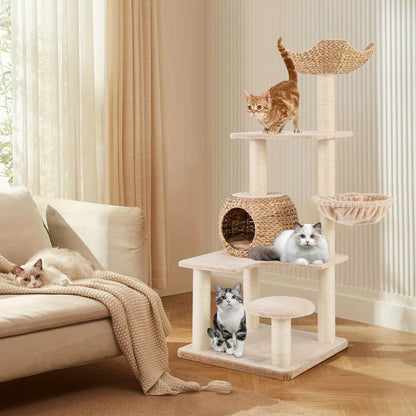 Krabpaal – Kattenboom – Krabmeubel – Kattentoren – Kattenhuis – 4 Niveaus Met Hol, Hangmat & Sisal Krabpalen – Natuurlijk Beukenhout 60x60x150 cm
